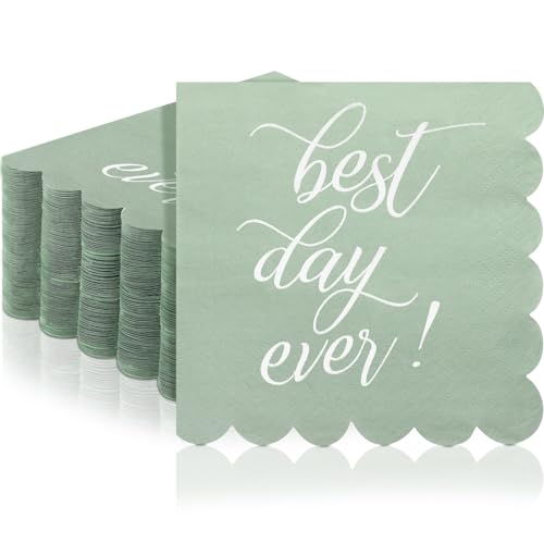 100 Pcs 5 x 5'' Best Day Ever Cocktail Napkins Sage Green Wedding Paper