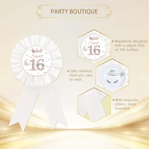 Sweet 16 Tinplate Badge Pin, Sweet Sixteen Button Pin, Rose Gold Crown Happy Birthday White Rosette Badge Pin for Girl, Diamond Brooch Buttons for 16th Birthday Party2