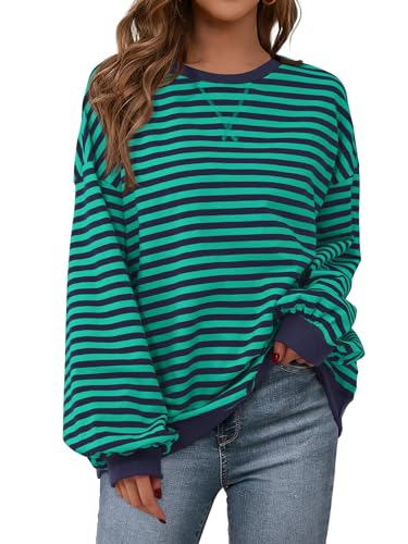 Image of PRETTYGARDEN Womens Striped Oversized Sweatshirt Color Block Crew Neck Long Sleeve Casual Loose Pullover Top Y2K Clothes