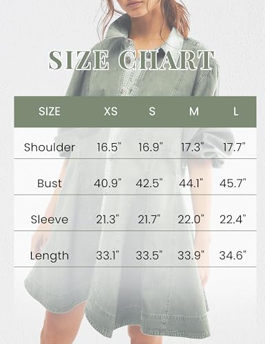 Gozoloma Women's Denim Dress Long Balloon Sleeves Button Down A Line Swing Ruffle Jean Mini Babydoll Dress with Chest Pocket(Green-L)2