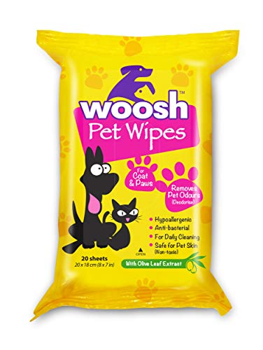 Woosh Pet Wipes Hypoallergenic, Non-Toxic for Dogs or Cats, with Olive Leaf Extract, Vitamin E, Alcohol and Lanolin Free, Remove Odors, Portable, Coat and Paws (1Pack of 20 Sheets)