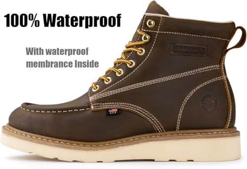 SUREWAY 6 in Mens Waterproof Soft Toe Work Boots for Men-Full Grain Leather,GoodyearWelt,EH Safety Industial Construction Wedge Moc Toe Work Boots/Shoes,Waterproof Soft Toe Brown,Size 102