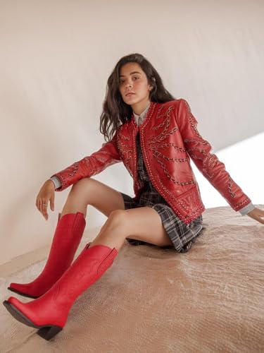 DREAMCIA Red Cowboy Boots for Women Vintage Western boots with Embroidery and Chunky Heel, Mid Calf Height Embroidered Cowgirl Boots3