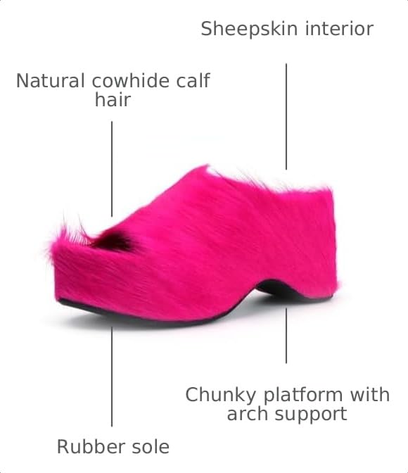 Image of XOBZJH Long-Hair Calfskin Chunky Clog Slide for Women - Memory Foam Luxury Slip on Shoes Women's Mules & Platform Clogs,Designer Mules for Women 2025