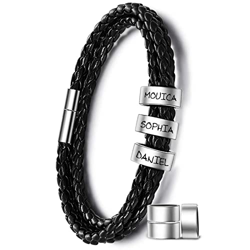 Yofair Custom Mens Bracelet With Kids Name Personalized Braided Leather Bracelet Engraved Bracelets Fathers Dad Gifts For Men #TOP23