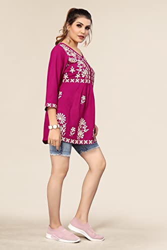Image of Winza Designer Rayon Chikankari Embroidered Short Kurti | Plus Size Kurta Tunic Top