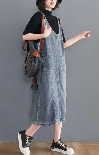 Image of ebossy Women's Sleeveless V Neck Denim Overall Jumper Dress Casual Loose Double Spaghetti Straps Midi Jean Dress