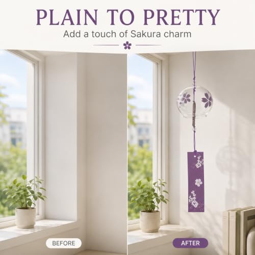 Image of Artibetter Japanese Glass Wind Chime Hanging Bell with Cherry Blossom Design | Handmade Furin Wind Bell for Home, Balcony, Garden, Patio, Window & Gift Decor (Purple)