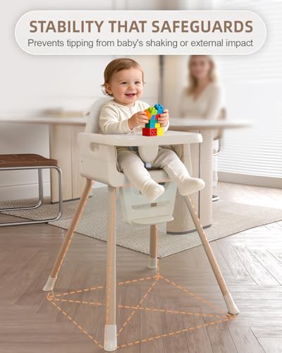 Image of Baby High Chair for 6 Months+, Foldable High Chairs for Babies and Toddlers, Convertible High Chair, Adjustable Tray & Footrest, Portable High Chair & Easy to Clean(White with Wood Grain)