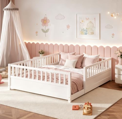 Bellemave Queen Floor Bed with high Fence Solid Pine Wood Montessori Bed for Kids Girls Boys Floor Bed Frame White with slats
