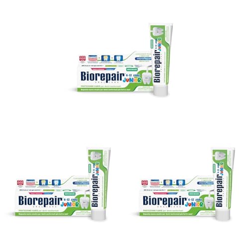 Biorepair, Dentifricio Junior 6-12 anni, Dentifricio per Bambini senza Fluoro, con Vitamina E, Antiossidante, per Gengive Sane, Rinfrescante Gusto Menta, 75 ml (Confezione da 3)