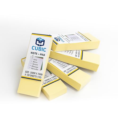 Image of Cubic Yellow Sticky Notes Pad - 2.5cm x 7.5cm (1 inch x 3 inch)- Pack of 3 Pads, 100 Sheets Each - Slim Memo Strips for Notes, Reminders, Messages & Bookmarks