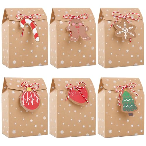 24 Stück Geschenkbox Klein Kraftpapier Geschenkschachtel Schneeflocken mit 24 pcs Anhänger Juteschnur für Adventskalender Weihnachten Geschenk Weihnachtsdeko Party Mitgebsel