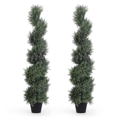 THE BLOOM TIMES 4ft Spiral Artificial Topiary Trees Set of 2, 48 inch Faux Cedar Trees for Outdoor Planters - Fake Twist Cypress Plants for Garden Front Porch Indoor Outside Decor 4 Foot