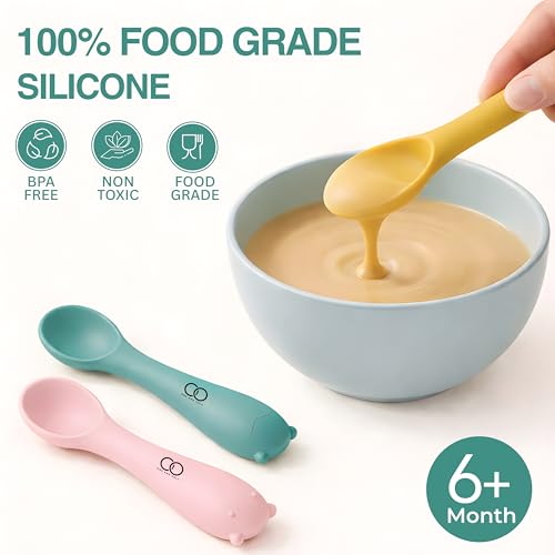 Image of Baby Training Spoon Set, Multicolor-3 Silicone Spoon for Baby 6 to 12 Months, 3 Pc, Self Feeding Cutlery for Puree Snacks and Daily Meals, Daily Feeding Essential