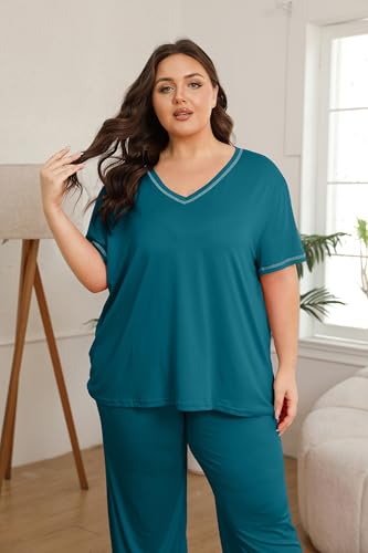 Image of Vozanet Women's Plus Size Pajama Sets Short Sleeve Long Pants Solid Color with Piping Trim Elegant Loungewear Cozy Sleepwear