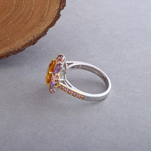 Bague plaquée or ajustable taille 54 avec citrine et améthyste