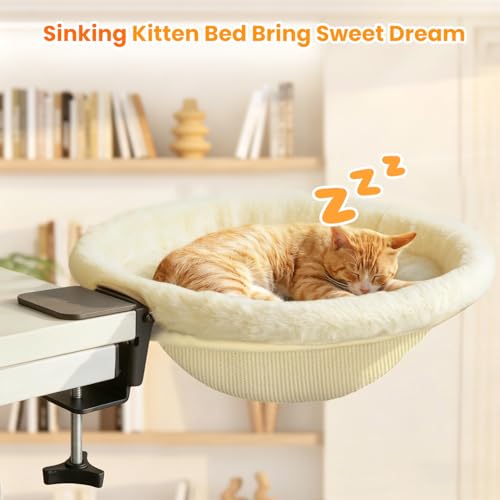 Pawaboo Cat Desk Bed, Sunken Cats Hammock with Steel Clamp Hold up to 40lbs, One-click Foldable Cat Side Table Beds with Soft Plush, Reversible & Washable Hanging Cats Bed for Game Home Desktop, Beige by Pawaboo - Image 2