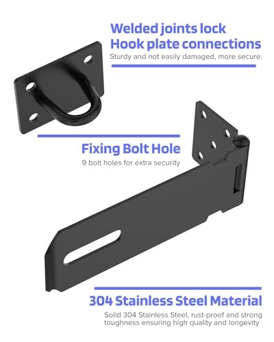 Image of Door Lock Hasp Latch, 5 Inch Stainless Steel Hasp Lock, Door Padlock Clasp Hasp Latch Lock with Screws, Gate Lock Hasp Latch for Outside Doors, Sheds, Fence, Cabinets, Lockers (Black -1pc)