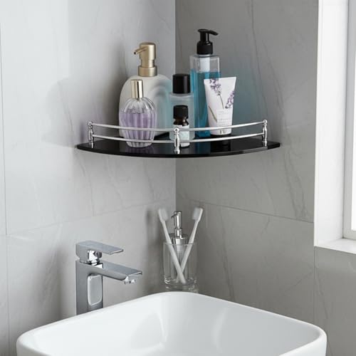 Image of Amazon Basics Glass Bathroom Corner Shelf with Stainless Steel Railings | Pack of 3 | Black | 9x9 Inch | Rust-Resistant Space-Saving Storage | 23D x 23W x 6H cm