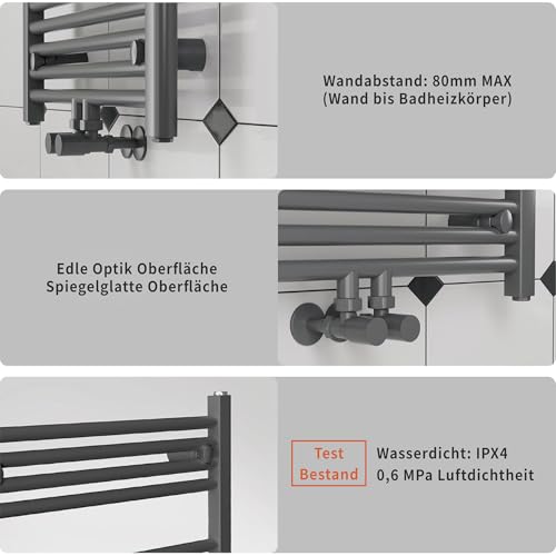 KESANITAR Badheizkörper Seitenanschluss 800x500mm, 300W Handtuchheizkörper & Handtuchtrockner, Einfach Installation Heizkörper Handtuchwärmer, Bequem Handtuchhalter für Towel Aufbewahrung, Grau