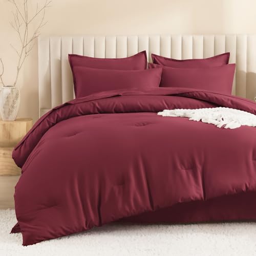 Image of Litanika Super King Plus Comforter Sets Burgundy - 7 Pieces Bed in a Bag Beddding Sets, Solid Lightweight Bed Set with Comforter, Sheets, Pillowcases & Shams