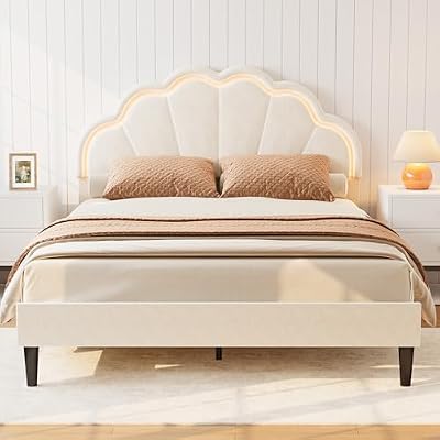Garvee Full Size Bed Frame, Velvet Platform Bed Frame with Adjustable Seashell Headboard and LED Light, Under Bed Storage, No Box Spring Needed, White