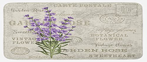 Lunarable Lavender Kitchen Mat, Vintage Postcard Composition with Grunge Display and Flowers, Plush Decorative Kitchen Mat with Non Slip Backing, 47