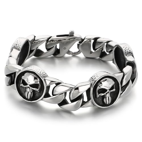 Stainless Steel Gothic Skull Bracelet for Men and Women Rock Biker Skull Linked Chunky Chain Bangle with Lobster Clasps Polished Gift for Him