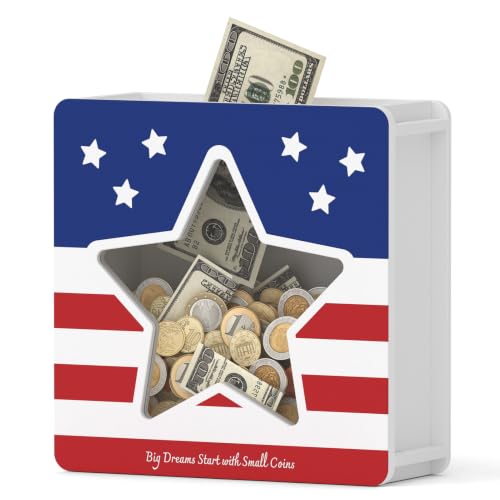 Image of Summidate Wooden Money Saving Box, Clear Window Cash Vault Savings Box with DIY Stickers, Personalized Star Piggy Bank for Kids & Adults, Birthday /Baby Shower /Wedding Gift