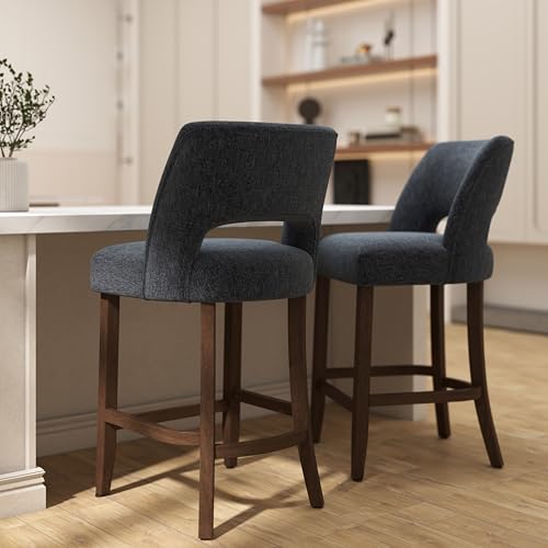 Image of VKNOW Bar Stools Set of 6, 26 inch Upholstered Counter Height Bar Stools, Modern Counter Stools with Wood Legs for Kitchen Island Dining Room Bar, Navy Blue