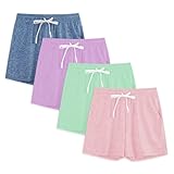 Phedrew 4-Pack Girls' Athletic Shorts High Waisted Quick Dry Active Shorts with Pockets Multipack (5-18 Years), Lavender Purple/Light Blue/Pink/Mint Green, 12-14 Years