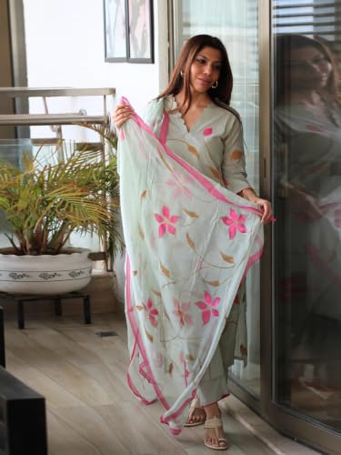 Image of ANNI Designer Women's Cotton Blend Printed Straight Kurta with Pant and Dupatta | Kurta Set for Women Suit Set for Women | Indian Ethnic Wear Women's Ethnic Clothing Designer Kurti Pant Set