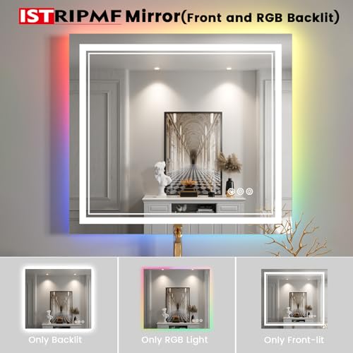 40x38 inch LED Bathroom Mirror with RGB Lights Color Changing Backlit Mirror Shatterproof Dimmable Anti-Fog Lighted Vanity Mirror (RGB Multicolor Backlit + Adjustable Front-Lighted)