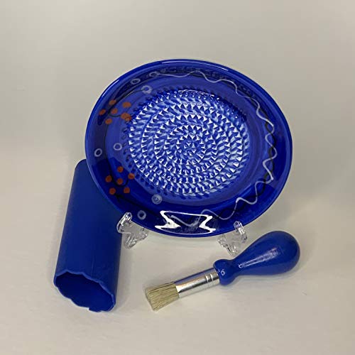 Image of BonCera, All-in-one 4pcs Premium Ceramic Garlic Grater Set - HandMade, Blue Stoneware Design Grater Plate Garlic Peeler, Gathering Brush, Display Stand, It's also grating Turmeric, Ginger, and more.