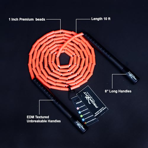 Image of Freestyle Unbreakable Long Handle Soft Shatterproof Beads 1Inch Beaded Jump Rope, Skipping Rope Adult. (10 Ft) (Orange- Black handle)