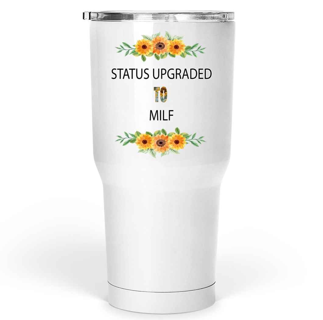 Funny Birthday Gift for a Mom - Upgrade To Milf Quote - Baby Shower Present for Her - 30 Oz White Stainless Steel Large Tumbler