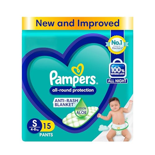 Pampers All Round Protection Pant Style Baby Diapers, Small (S), 15 Count, Anti Rash Blanket, Lotion with Aloe Vera, 4-8 Kg Diapers