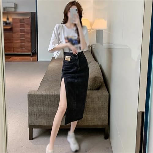 Women's Denim Skirt Summer High Waist Split Front Long Jean Skirts2