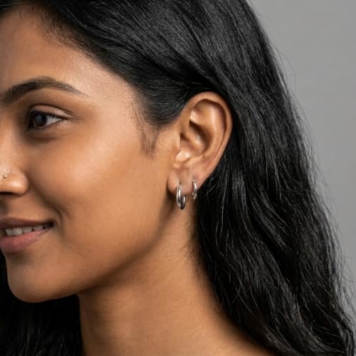 Image of SANNIDHI 4 Pairs Hoop Earrings for Women Men Stylish Stainless Steel 8mm 10Mmm 12mm 14mm Ear Rings Trendy Cartilage Surgical Hoops Earrings for Women Girls Men - Silvercolor