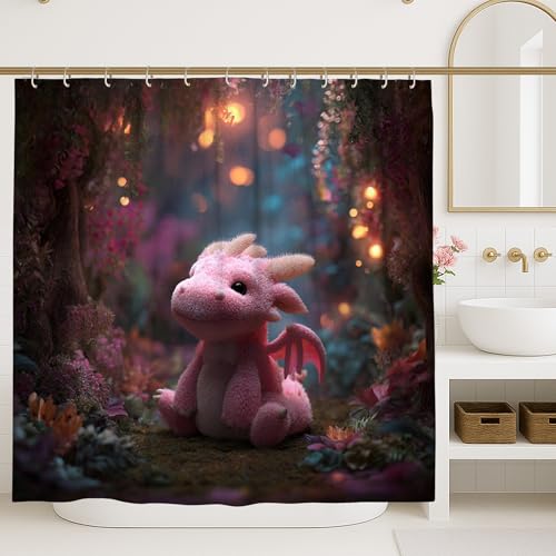 Cortina de ducha de dragón de fantasía, cortina de baño de dragón de felpa para decoración de baño, encantador cuento de hadas moderno, juego de cortina de ducha de tela impermeable con ganchos, 91 x