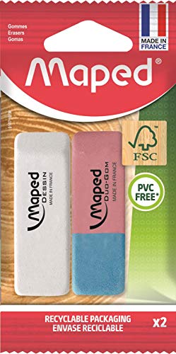 Maped - Gommes Triplex - Gomme dessin + Duo Gom - Gomme en Caoutchouc naturel - Certification FSC - Emballage Papier 100% recyclable