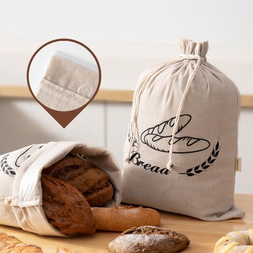 Image of 2 Pack Linen Bread Bags for Homemade Bread - Plastic Lined - Reusable Linen Sourdough Bread Storage Bags with Plastic Liner - 17 inch x 13 inch