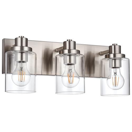 Wanluce 3 Light Bathroom Vanity Light - Brushed Nickel, Modern Farmhouse Style with Clear Glass Shade, Over Mirror Lighting Fixture