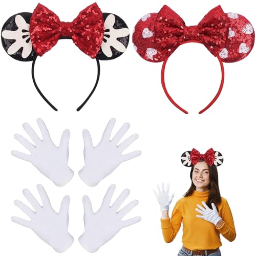 Diadema Minnie Mouse para Chica y Disfraz de Minnie para Mujer - Kit de Accesorios Disney con Orejas de Mickey Mouse y Guantes Blancos – Ideal para Juegos y Disfraces.