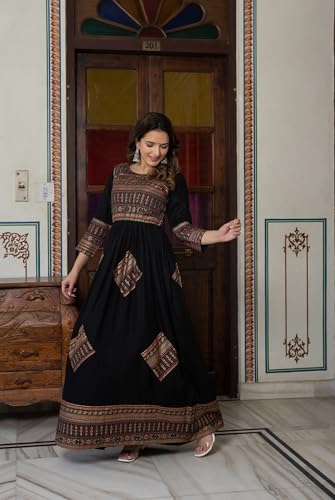 Image of Daevish New Gold Printed 3 /4 Sleeves Flared Maxi Length Dress for Women & Girl's | Maxi Dress for Women | Women Flared Dress