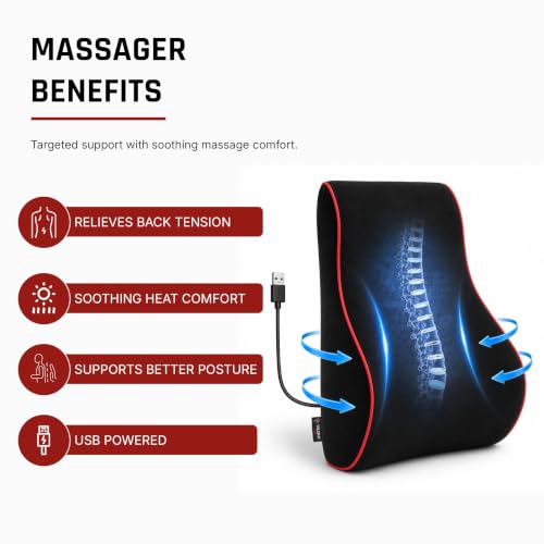 Image of Ergonomic Lumbar Support Pillow with Massager by ValorX USA for Office Chair, Car Seat & Gaming Chair | Memory Foam Back Cushion with USB Massager Adjustable Waist Support Pillow with Washable Cover