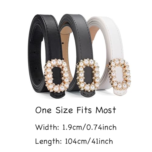 COTIM COYIN Women's Belt Elegant Pearl Shiny Rhinestone Rectangle Buckle Belt, Skinny Leather Adjustable Belt3