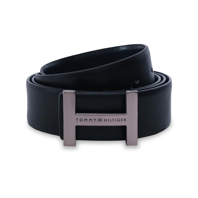 Image of Tommy Hilfiger Men'S Leather Reversible Belt Bulkeley - Matte Gunmetal H Buckle | Perfect For Formal And Casual Wear | Adjustable Waistband | Ideal For Gifting - S (80Cm)