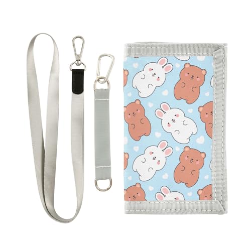JHKKU Cute Rabbit Teddy Bears Kids Wallet for Boys Girls, Teen Canvas Trifold Purse with Zipper Coin Pocket